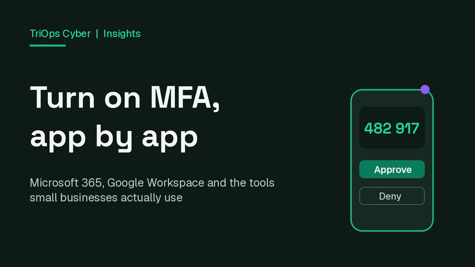 Turn on MFA, app by app. A phone showing a sign-in code with Approve and Deny buttons.